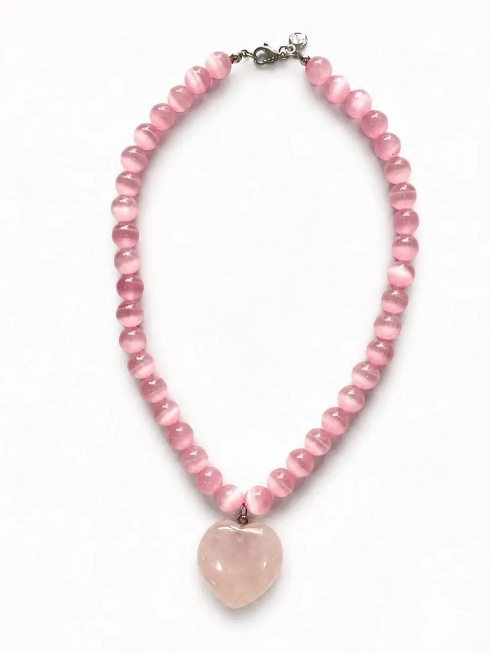 Pink Beaded Cat Eye Heart Pendant Necklace - Women Jewelry